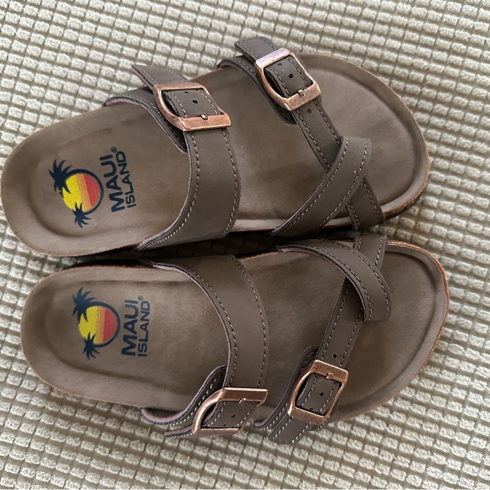 Maui Island Kids Brown Double-Buckle Slide Sandals